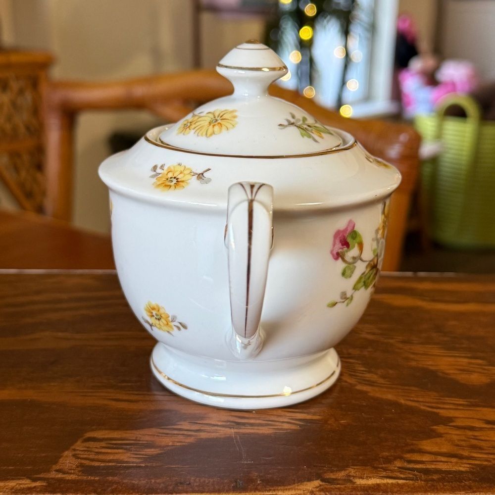 Vintage Albion 1950’s Floral Porcelain Teapot Sugar Dish Set White Pink Yellow - Picture 12 of 14